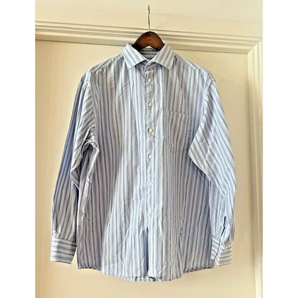 Polifroni Milano‎ Men LRG 17 1/2 Blue Purple ButtonUp Dress Shirt Preppy Classic
